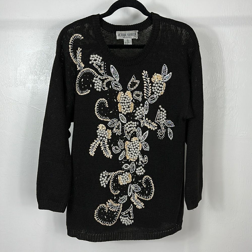 ❤️Last Chance Victoria Harbour Vintage Black Cotton Blend Beaded PulloverSize LP